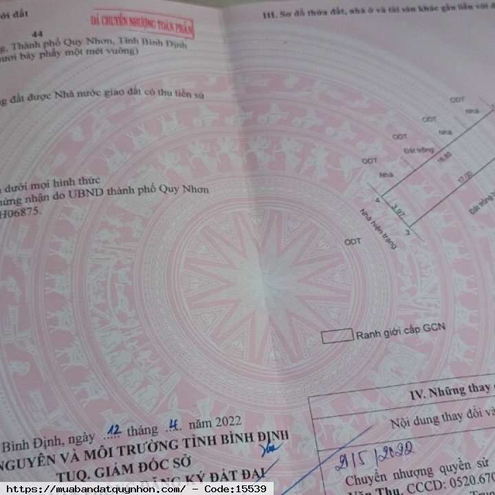 Bán đất đường ô tô khu gara Quyền_P Quang Trung_TP Quy Nhơn - Diện tích: 67,1m2 ngang 3,97m - Hiện trạng: đất trống - Hướng: Đông Bắc - Giá bán: 1 tỷ 900 triệu