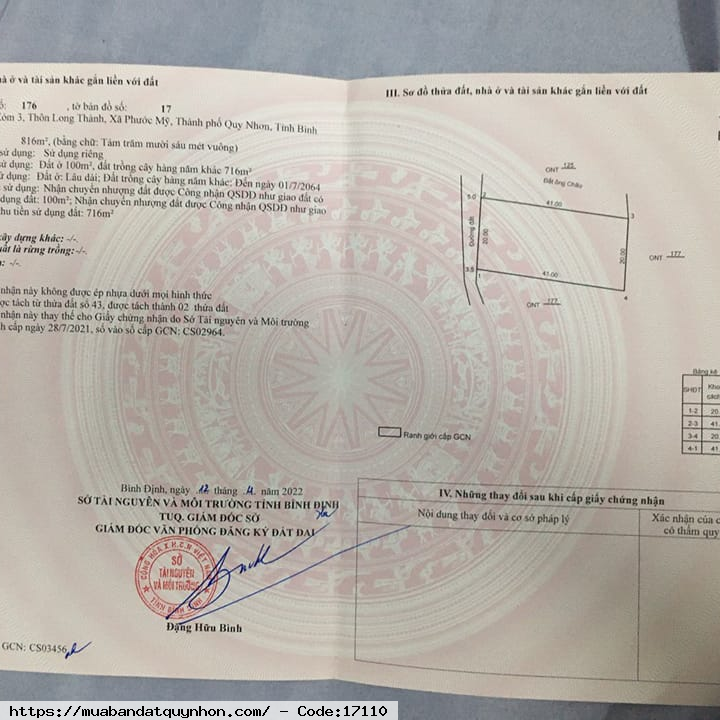 Bán đất xã Phước Mỹ_TP Quy Nhơn - Diện tích: 816m2 ngang 20m - Đường ô tô 5m - Giá bán: 1,5 tỷ