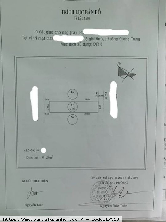 Bán lô đất Mặt Tiền - P Quang Trung - TP Quy Nhơn  - Hướng Đông Nam và Tây Bắc - Diện tích 91,5m2 ngang 4,6m - Giá 4,5 tỷ