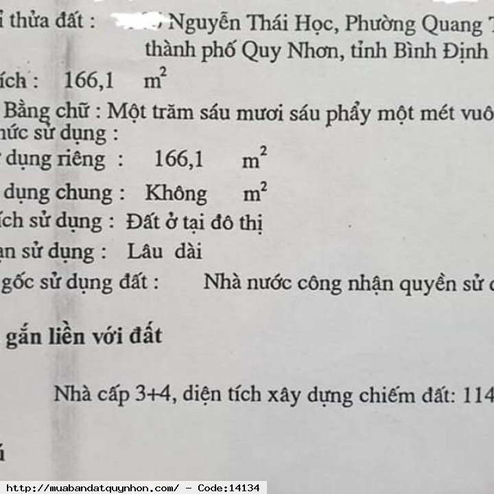 Bán nhà MẶT TIỀN đường Nguyễn Thái Học_P Quang Trung_ TP Quy Nhơn  - Diện tích: 166,1m2 ngang 4m24 nở hậu 5m20 - Hướng Đông Nam  - Giá 12tỷ 400tr