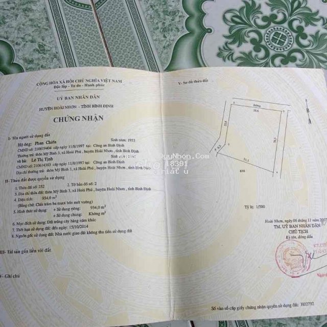 Cần bán tdt 934m 3 mặt tiền hoài phú giá 199tr