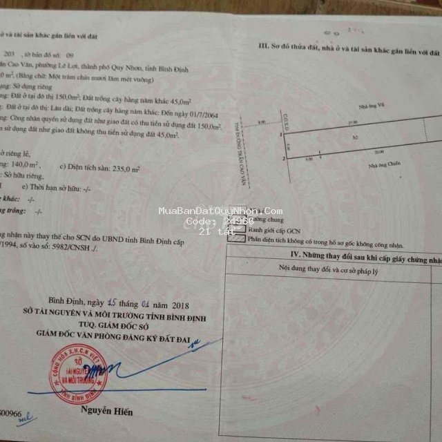 Bán nhà 64 trần cao vân, tp.quy nhơn, tỉnh bình định cũ